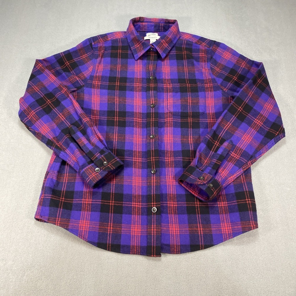 LL Bean Flannel Shirt Women's Medium Purple Scotch Plaid Relaxed Fit Button Down